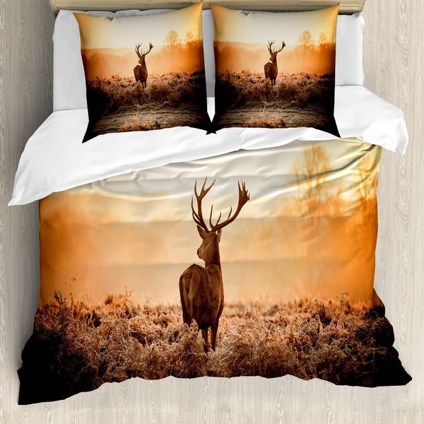 Abakuhaus Copripiumino Jagd, Deer Morning Sun, Antiacaro, Adatto A Chi Soffre Di Allergie, Con Federe, 200 Cm X 200 Cm - 80 X 80 Cm, Marrone Arancione-image