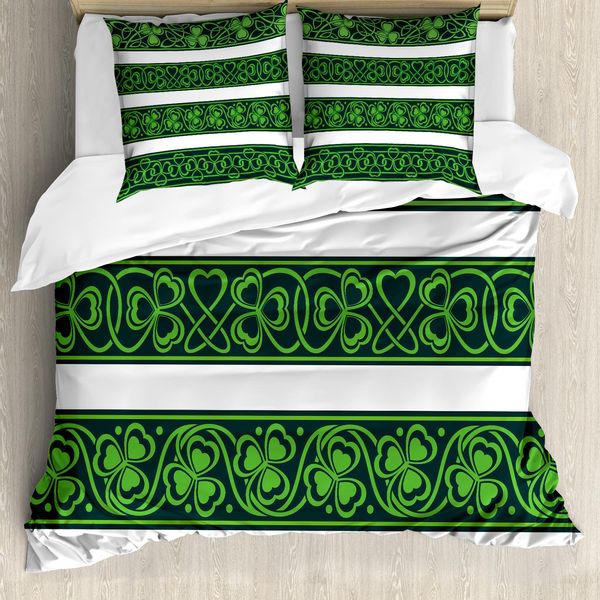 Abakuhaus Copripiumino Irlandese, Shamrock Borders Art, Antiacaro E Anallergico, Con Federe, 200 Cm X 200 Cm - 80 X 80 Cm, Verde Bosco E Bianco-image