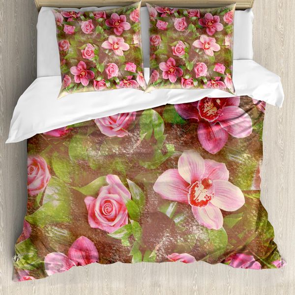 Abakuhaus Copripiumino Shabby Flora, Stile Retrò Romantico, Antiacaro E Anallergico, Con Federe, 155 Cm X 220 Cm - 80 X 80 Cm, Verde, Rosa, Rosa Chiaro-image