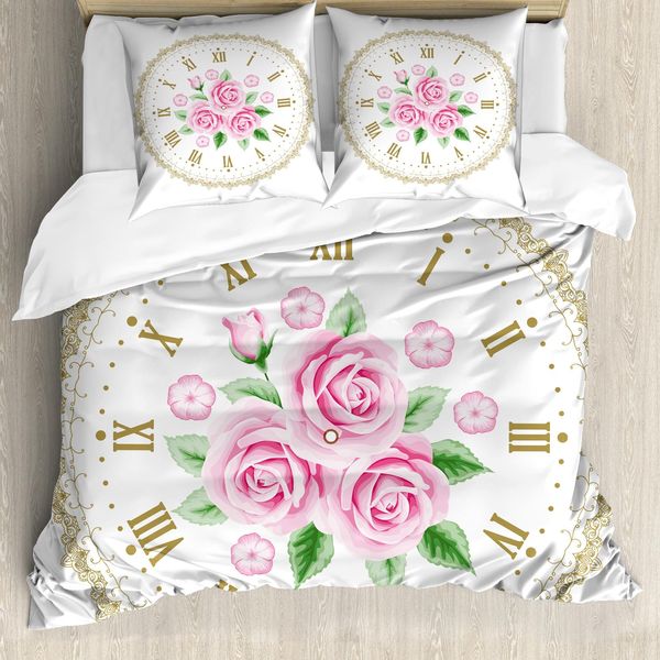 Abakuhaus Copripiumino Shabby Flora, Vintage Clock Roses, Antiacaro E Anallergico, Con Federe, 155 Cm X 220 Cm - 80 X 80 Cm, Kaki Scuro Rosa Chiaro-image