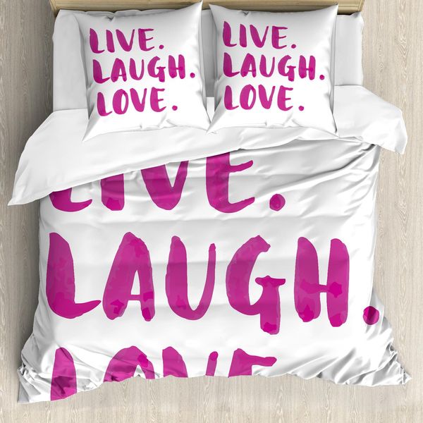 Abakuhaus Vivi, Ridi, Ama Copripiumino, Messaggio Happy Life, Antiacaro, Adatto A Chi Soffre Di Allergie, Con Federe, 155 Cm X 220 Cm - 80 X 80 Cm, Fucsia Bianco-image