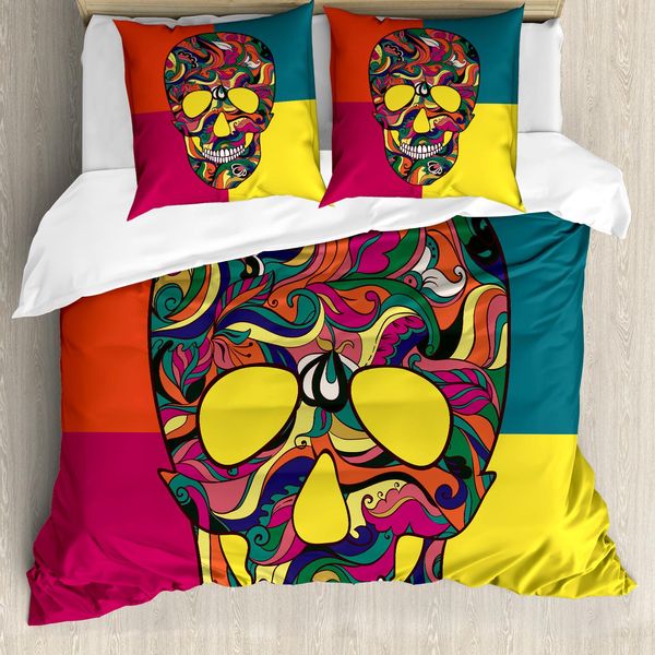 Abakuhaus Copripiumino ZuckerschäDel, Calavera Colorata, Antiacaro, Adatto A Chi Soffre Di Allergie, Con Federe, 155 Cm X 220 Cm - 80 X 80 Cm, Multicolore-image