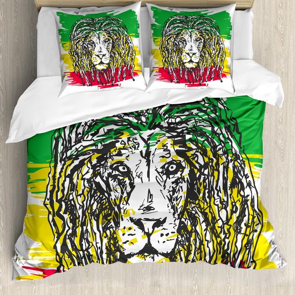 Abakuhaus Copripiumino Rasta, Hair Style Lion Portrait, Antiacaro, Adatto A Chi Soffre Di Allergie, Con Federe, 200 Cm X 200 Cm - 80 X 80 Cm, Verde, Giallo E Rosso-image