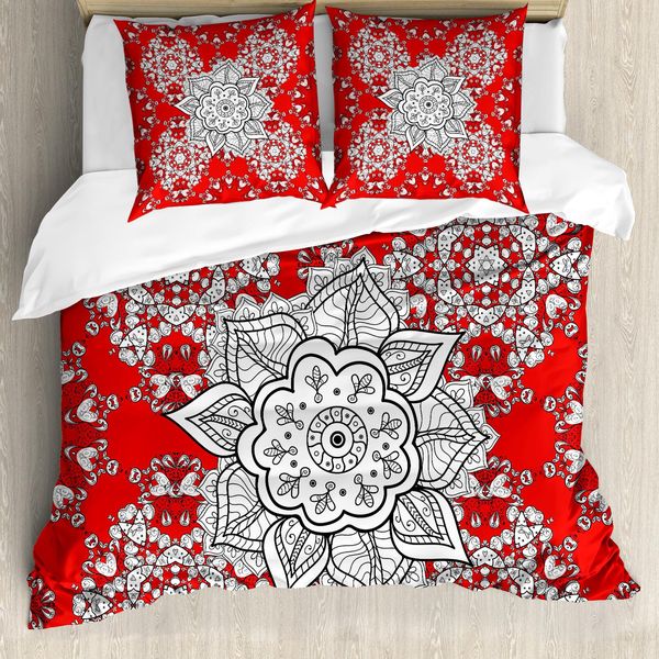 Abakuhaus Copripiumino Red Mandala, Scarabocchi, Antiacaro, Adatto A Chi Soffre Di Allergie, Con Federe, 155 Cm X 220 Cm - 80 X 80 Cm, Rosso Scarlatto, Bianco E Nero-image