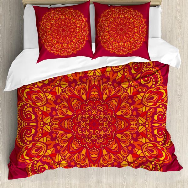 Abakuhaus Set Copripiumino Red Mandala Per Letti Matrimoniali, Stile Psichedelico Antico, Antiacaro, Adatto A Chi Soffre Di Allergie, Con Federe, Rosso Giallo-image