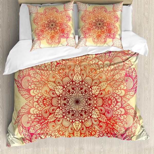 Abakuhaus Copripiumino Red Mandala, Fiori, Antiacaro, Adatto A Chi Soffre Di Allergie, Con Federe, 200 Cm X 200 Cm - 80 X 80 Cm, Bordeaux, Giallo, Rosa-image