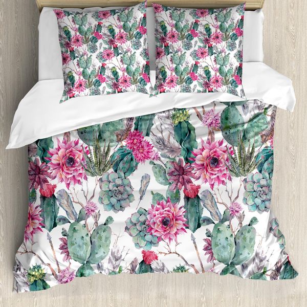 Abakuhaus Copripiumino Cactus, Stile Boho Con Fiori Primaverili, Antiacaro E Anallergico, Con Federe, 155 Cm X 220 Cm - 80 X 80 Cm, Multicolore-image