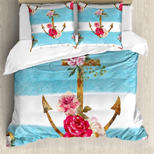 Abakuhaus Copripiumino Shabby Flora, Ancore E Rose, Antiacaro, Adatto A Chi Soffre Di Allergie, Con Federe, 155 Cm X 220 Cm - 80 X 80 Cm, Multicolore-image