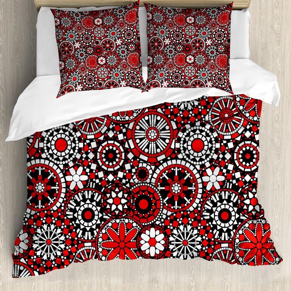 Abakuhaus Copripiumino Red Mandala, Mosaico Floreale, Antiacaro, Adatto A Chi Soffre Di Allergie, Con Federe, 155 Cm X 220 Cm - 80 X 80 Cm, Nero Bianco Arancione-image