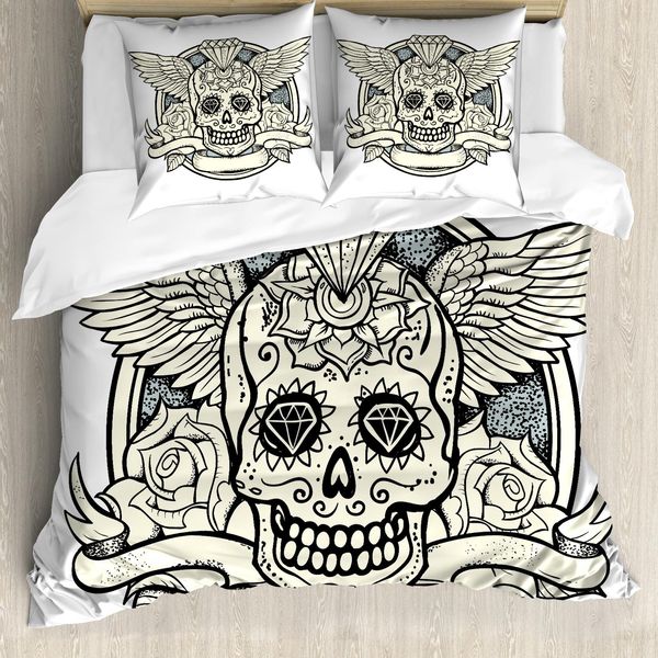 Abakuhaus Copripiumino ZuckerschäDel, Calavera Diamant, Antiacaro, Adatto A Chi Soffre Di Allergie, Con Federe, 155 Cm X 220 Cm - 80 X 80 Cm, Crema Grigio Nero-image