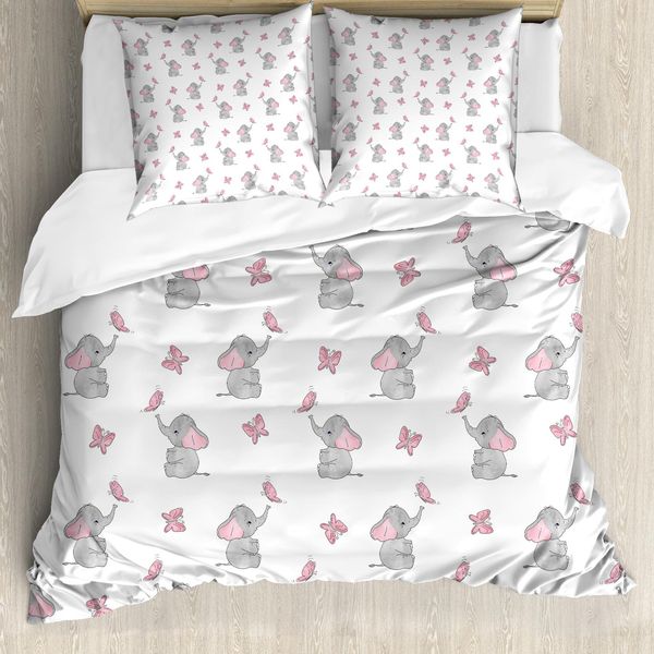 Abakuhaus Elephant Nursery Copripiumino, Baby-Schmetterling, Antiacaro Adatto A Chi Soffre Di Allergie Con Federe, 200 Cm X 200 Cm - 80 X 80 Cm, Grigio Rosa Pallido Bianco-image