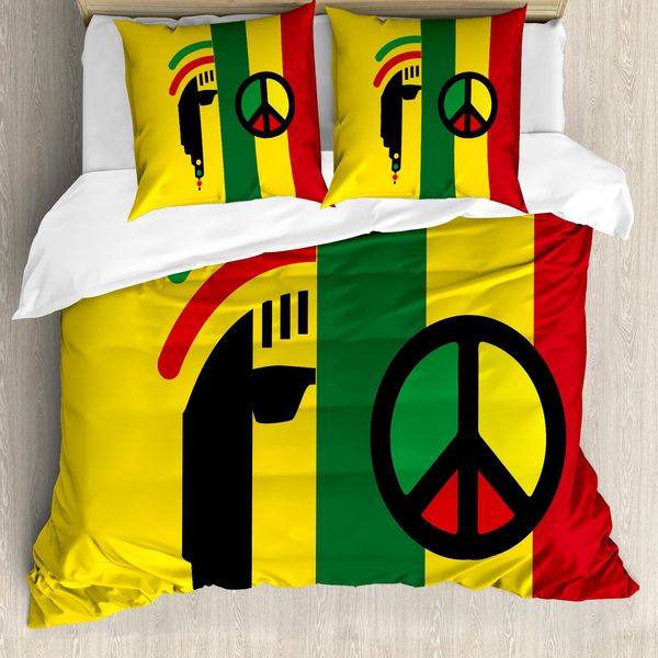 Abakuhaus Copripiumino Rasta, Reggae Music Peace, Antiacaro, Adatto A Chi Soffre Di Allergie, Con Federe, 200 Cm X 200 Cm - 80 X 80 Cm, Rosso, Verde, Giallo-image