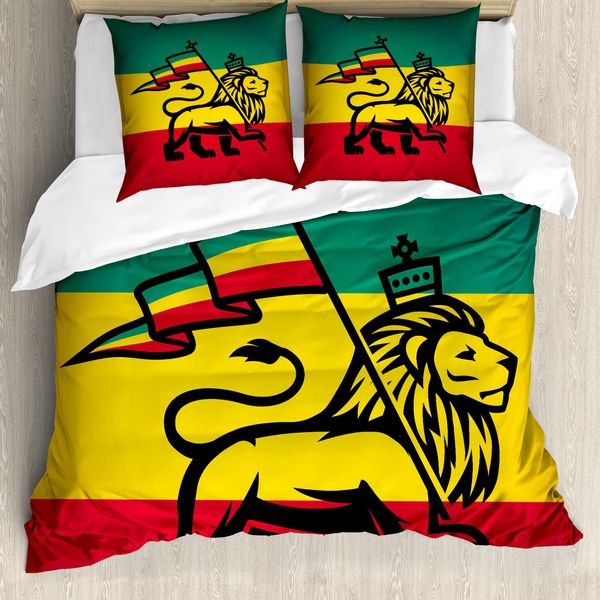 Abakuhaus Copripiumino Rasta, Bandiera Rastafari Judah Lion, Antiacaro, Adatto A Chi Soffre Di Allergie, Con Federe, 155 Cm X 220 Cm - 80 X 80 Cm, Giallo E Nero-image