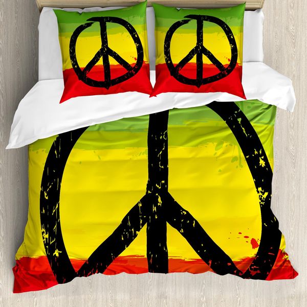 Abakuhaus Copripiumino Rasta, Simbolo Hippie Grunge Della Pace, Antiacaro, Adatto A Chi Soffre Di Allergie, Con Federe, 155 Cm X 220 Cm - 80 X 80 Cm, Giallo E Nero-image