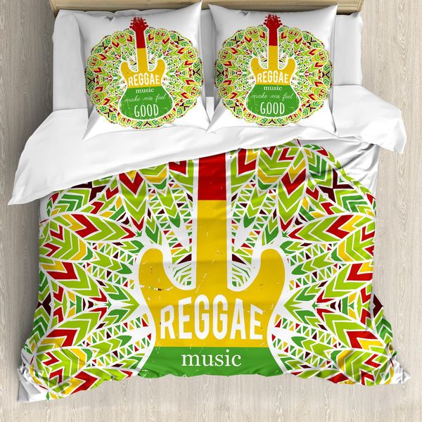 Abakuhaus Copripiumino Rasta, Chitarra Reggae, Antiacaro, Adatto A Chi Soffre Di Allergie, Con Federe, 155 Cm X 220 Cm - 80 X 80 Cm, Verde, Giallo E Rosso-image