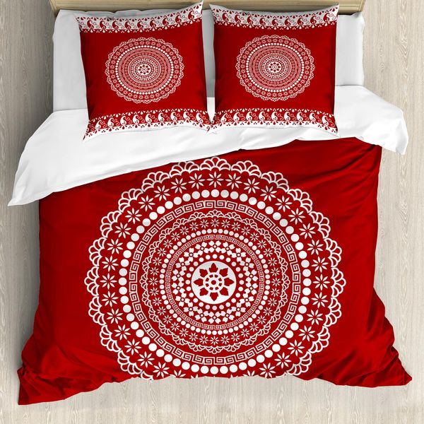 Abakuhaus Copripiumino Red Mandala, Bordo Laterale Paisley, Antiacaro, Adatto A Chi Soffre Di Allergie, Con Federe, 200 Cm X 200 Cm - 80 X 80 Cm, Bordeaux E Bianco-image