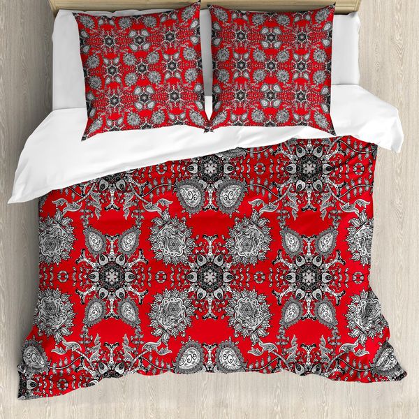 Abakuhaus Copripiumino Red Mandala, Paisley Doodle, Antiacaro, Adatto A Chi Soffre Di Allergie, Con Federe, 200 Cm X 200 Cm - 80 X 80 Cm, Scarlatto Bianco Nero-image
