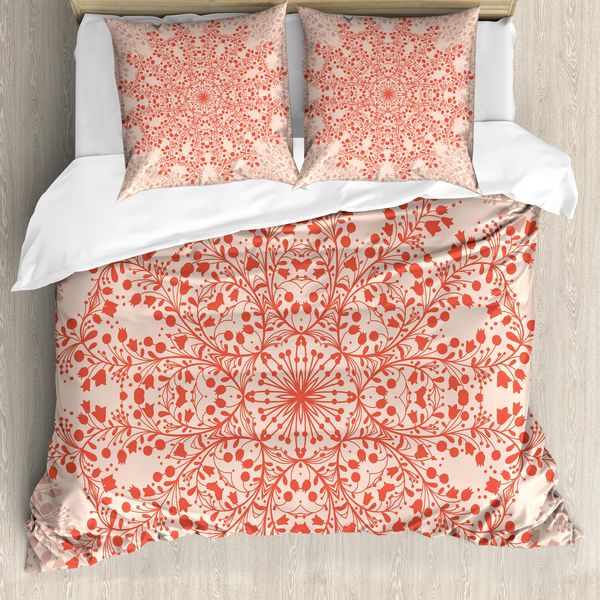 Abakuhaus Set Copripiumino Red Mandala Per Letti Matrimoniali, Rami Fioriti In Stile Rustico, Antiacaro, Adatto A Chi Soffre Di Allergie, Con Federe, Pesca E Rosso-image