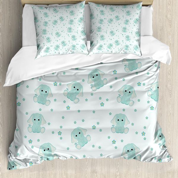 Abakuhaus Elephant Nursery Set Copripiumino Per Letti Matrimoniali, FrüHlingskind, Antiacaro, Adatto A Chi Soffre Di Allergie, Con Federe, Azzurro, Azzurro Chiaro-image
