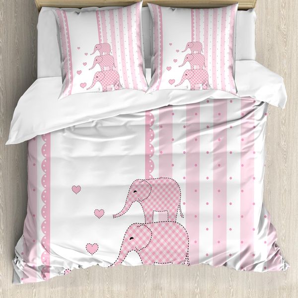 Abakuhaus Elephant Nursery Copripiumino, Rosa Animali, Antiacaro Adatto A Chi Soffre Di Allergie Con Federe, 155 Cm X 220 Cm - 80 X 80 Cm, Rosa Pallido Bianco-image
