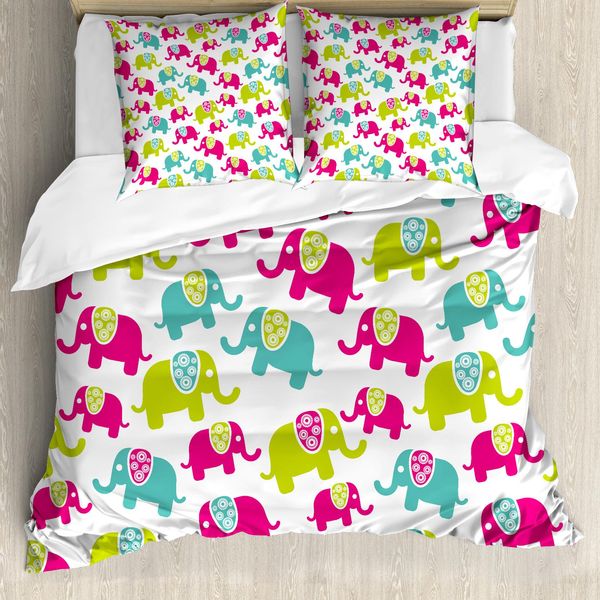 Abakuhaus Elephant Nursery Copripiumino, Joyous Cartoon, Antiacaro, Adatto A Chi Soffre Di Allergie, Con Federe, 155 Cm X 220 Cm - 80 X 80 Cm, Verde Blu Rosa-image