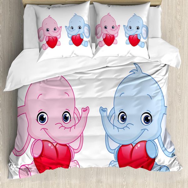 Abakuhaus Elephant Nursery Copripiumino, Gemelli A Forma Di Cuore, Antiacaro, Adatto A Chi Soffre Di Allergie, Con Federe, 200 Cm X 200 Cm - 80 X 80 Cm, Rosa Pallido, Blu, Bianco-image