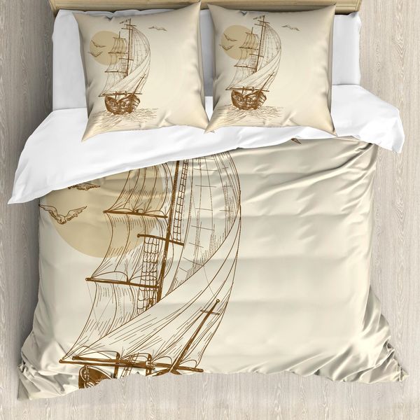 Abakuhaus Copripiumino Nautico, Veliero Uccelli Sole, Antiacaro, Adatto A Chi Soffre Di Allergie, Con Federe, 200 Cm X 200 Cm - 80 X 80 Cm, Marrone Chiaro-image