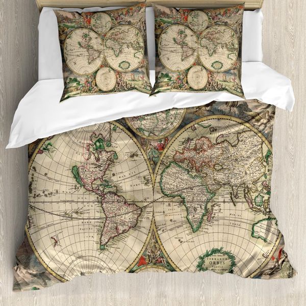 Abakuhaus Copripiumino Con Mappa Del Mondo, Stile Classico Antico, Antiacaro, Adatto A Chi Soffre Di Allergie, Con Federe, 200 Cm X 200 Cm - 80 X 80 Cm, Multicolore-image