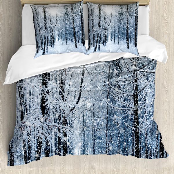 Abakuhaus Copripiumino Invernale, Bosco Innevato, Antiacaro, Adatto A Chi Soffre Di Allergie, Con Federe, 155 Cm X 220 Cm - 80 X 80 Cm, Nero Bianco Blu Ardesia-image
