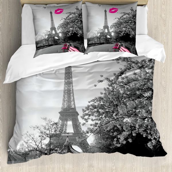 Abakuhaus Paris Copripiumino, Città Romantica E Un Bacio, Antiacaro Adatto A Chi Soffre Di Allergie Con Federe, 200 Cm X 200 Cm - 80 X 80 Cm, Nero Bianco Rosa-image