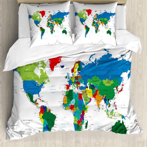 Abakuhaus Copripiumino Con Mappa Del Mondo, Colorato, Antiacaro, Adatto A Chi Soffre Di Allergie, Con Federe, 155 Cm X 220 Cm - 80 X 80 Cm, Multicolore-image