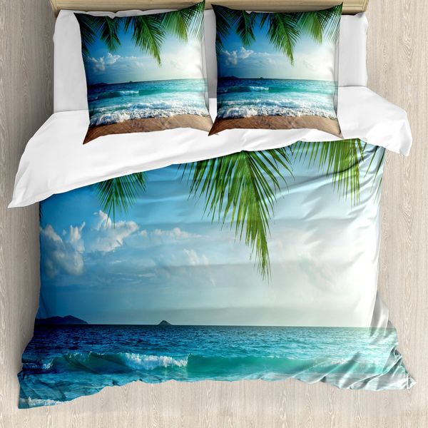 Abakuhaus Copripiumino Ocean, Palme Tropical Island, Antiacaro, Adatto A Chi Soffre Di Allergie, Con Federe, 200 Cm X 200 Cm - 80 X 80 Cm, Blu E Verde-image