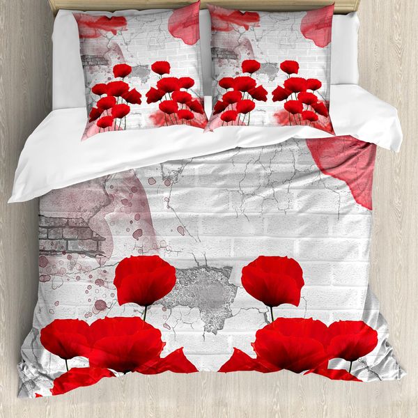 Abakuhaus Copripiumino Mohnblume, Campo Fiorito, Antiacaro, Adatto A Chi Soffre Di Allergie, Con Federe, 200 Cm X 200 Cm - 80 X 80 Cm, Cocco Rosso-Grigio-image