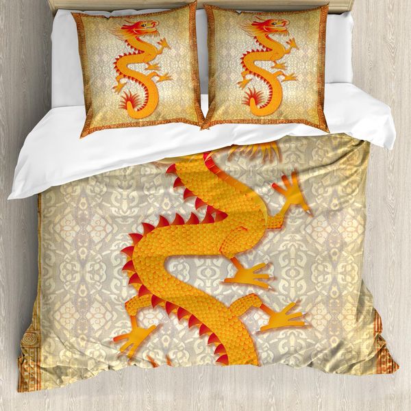 Abakuhaus Copripiumino Drachen, Elementi Folcloristici Cinesi, Antiacaro, Adatto A Chi Soffre Di Allergie, Con Federe, 200 Cm X 200 Cm - 80 X 80 Cm, Arancione Vermiglio Albicocca-image