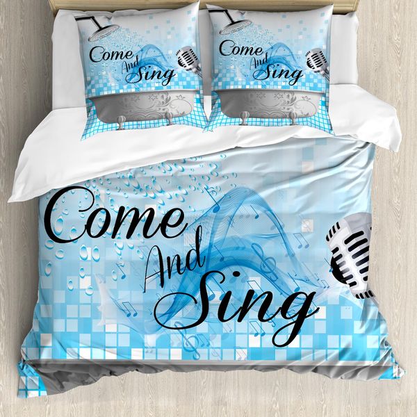 Abakuhaus Copripiumino Con Proverbio, Venite A Cantare Messaggio, Antiacaro Adatto A Chi Soffre Di Allergie Con Federe, 200 Cm X 200 Cm - 80 X 80 Cm, Azzurro Bianco-image