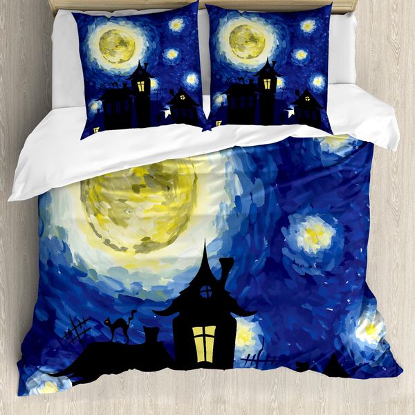 Abakuhaus Copripiumino Luna, Case Di Campagna Luna Piena, Antiacaro Adatto A Chi Soffre Di Allergie Con Federe, 155 Cm X 220 Cm - 80 X 80 Cm, Blu Scuro, Nero, Giallo-image