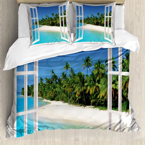 Abakuhaus Copripiumino Ocean, Paradise Island Palme, Antiacaro, Adatto A Chi Soffre Di Allergie, Con Federe, 200 Cm X 200 Cm - 80 X 80 Cm, Bianco Verde Blu-image
