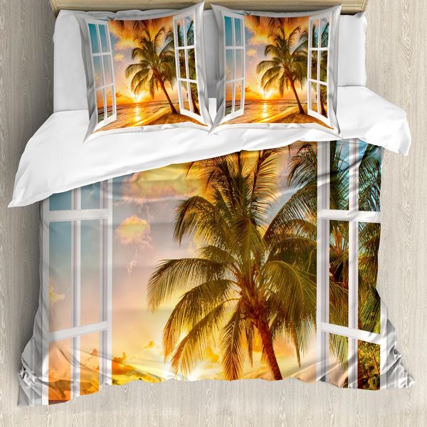 Copripiumino Abakuhaus, Paesaggio Sea Ocean Palms, Antiacaro, Adatto A Chi Soffre Di Allergie, Con Federe, 200 Cm X 200 Cm - 80 X 80 Cm, Multicolore-image