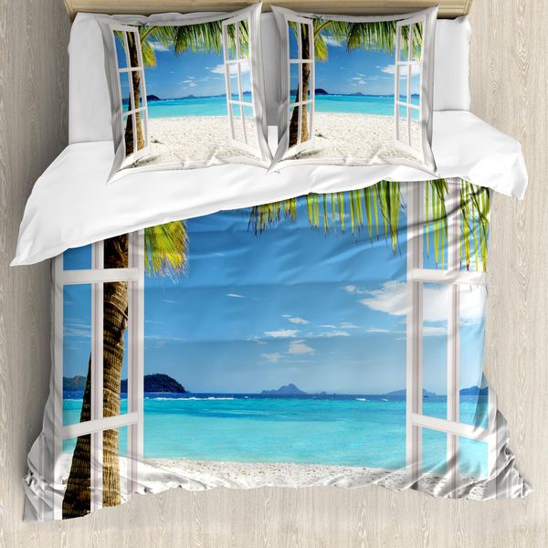Abakuhaus Set Copripiumino Tropicale Per Letti Matrimoniali, Motivo Palme Dell'isola Oceanica, Antiacaro, Adatto A Chi Soffre Di Allergie, Con Federe, Multicolore-image