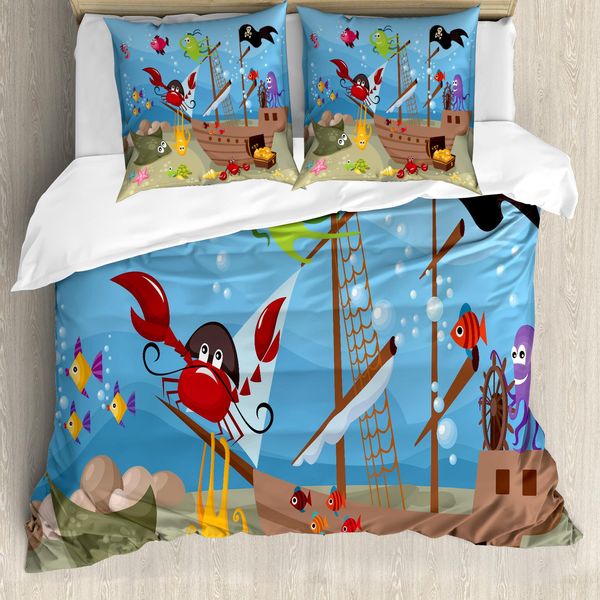 Abakuhaus Copripiumino Pirata, Animali Marini, Antiacaro, Adatto A Chi Soffre Di Allergie, Con Federe, 155 Cm X 220 Cm - 80 X 80 Cm, Multicolore-image