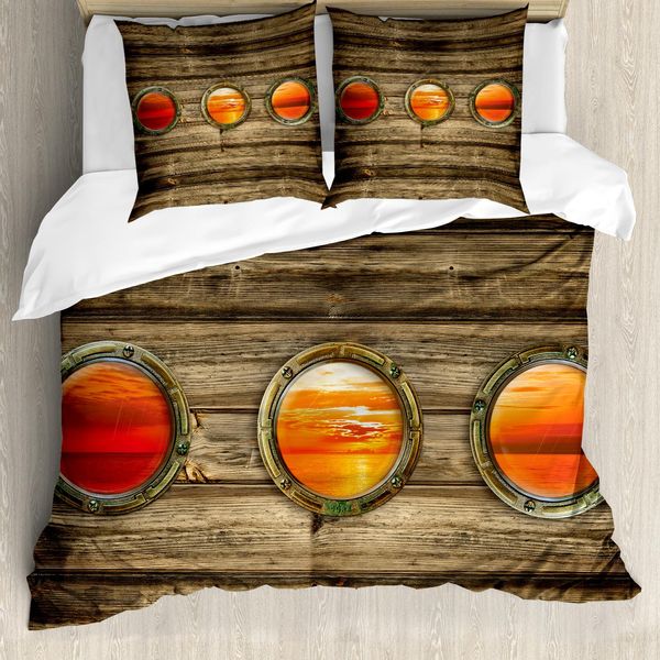Abakuhaus Copripiumino Nautico, Barca Rustica In Legno, Antiacaro, Adatto A Chi Soffre Di Allergie, Con Federe, 200 Cm X 200 Cm - 80 X 80 Cm, Multicolore-image