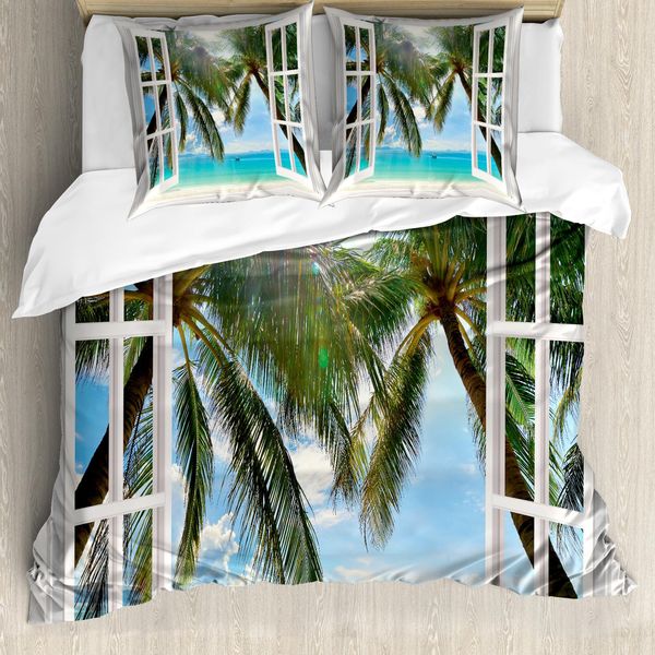 Abakuhaus Copripiumino Tropico, Finestra Sulla Spiaggia Esotica, Antiacaro, Adatto A Chi Soffre Di Allergie, Con Federe, 155 Cm X 220 Cm - 80 X 80 Cm, Multicolore-image