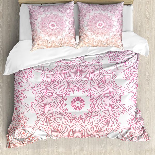 Abakuhaus Copripiumino Mandala, Disegno Floreale, Antiacaro, Adatto A Chi Soffre Di Allergie, Con Federe, 200 Cm X 200 Cm - 80 X 80 Cm, Arancione, Rosa, Bianco-image