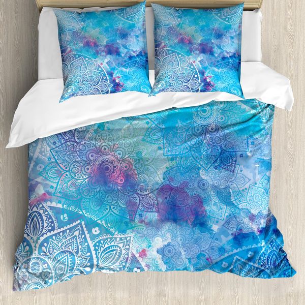Abakuhaus Copripiumino Mandala, Fiori Acquerellati In Stile Asiatico, Antiacaro, Adatto A Chi Soffre Di Allergie, Con Federe, 200 Cm X 200 Cm - 80 X 80 Cm, Multicolore-image