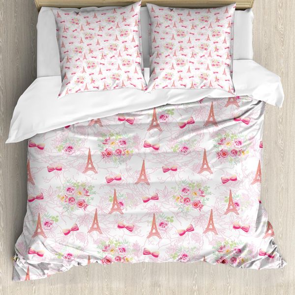 Abakuhaus Paris Copripiumino, Bouquet Francese Eiffel, Antiacaro, Adatto A Chi Soffre Di Allergie, Con Federe, 200 Cm X 200 Cm - 80 X 80 Cm, Verde Chiaro Rosa Pallido-image