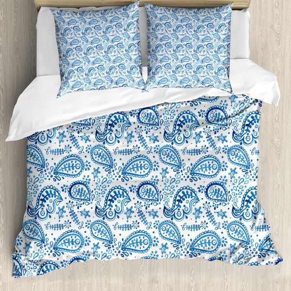 Abakuhaus Copripiumino Paisley, Stile Ikat Acquerello, Antiacaro, Adatto A Chi Soffre Di Allergie, Con Federe, 155 Cm X 220 Cm - 80 X 80 Cm, Bianco Blu-image