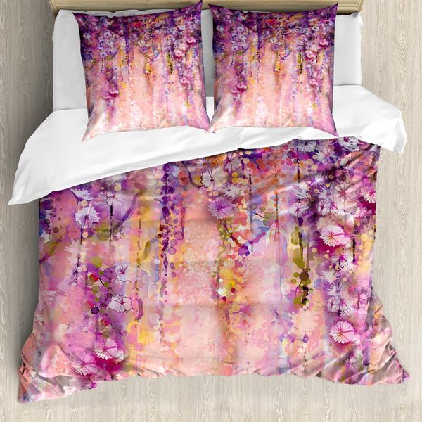 Abakuhaus Set Copripiumino Per Letti Matrimoniali, Fiori Di Glicine Acquerellati, Antiacaro, Adatto A Chi Soffre Di Allergie, Con Federe, Rosa Viola Lilla-image