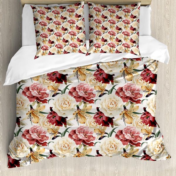 Abakuhaus Copripiumino Rosa, Rose Acquerellate E Peonie, Antiacaro, Adatto A Chi Soffre Di Allergie, Con Federe, 155 Cm X 220 Cm - 80 X 80 Cm, Rosa Essiccata Color Crema Rubino-image