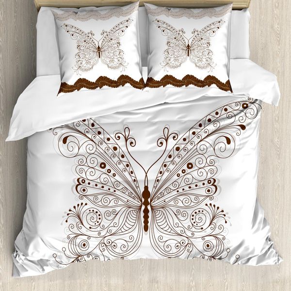 Abakuhaus Copripiumino Butterfly, Stile Retrò Astratto Primaverile, Antiacaro E Anallergico, Con Federe, 155 Cm X 220 Cm - 80 X 80 Cm, Bianco, Marrone, Grigio-image