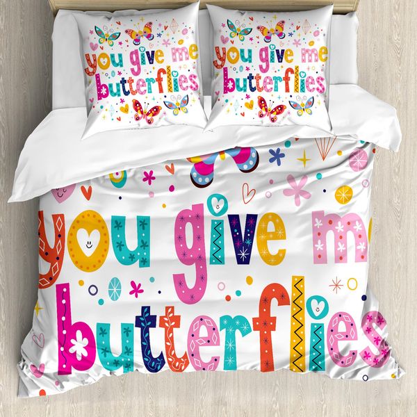 Abakuhaus Copripiumino Butterfly, Parole Cuore Cartoon, Antiacaro, Adatto A Chi Soffre Di Allergie, Con Federe, 200 Cm X 200 Cm - 80 X 80 Cm, Multicolore-image